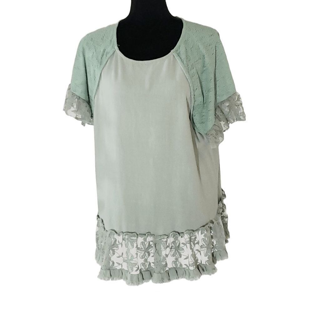 Bad Little Country Girl Sage Green Pullover Lace Embroidered Floral Top Size M